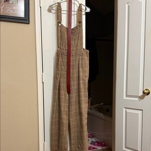 Cider Tan Plaid Jumpsuit with Red Belt